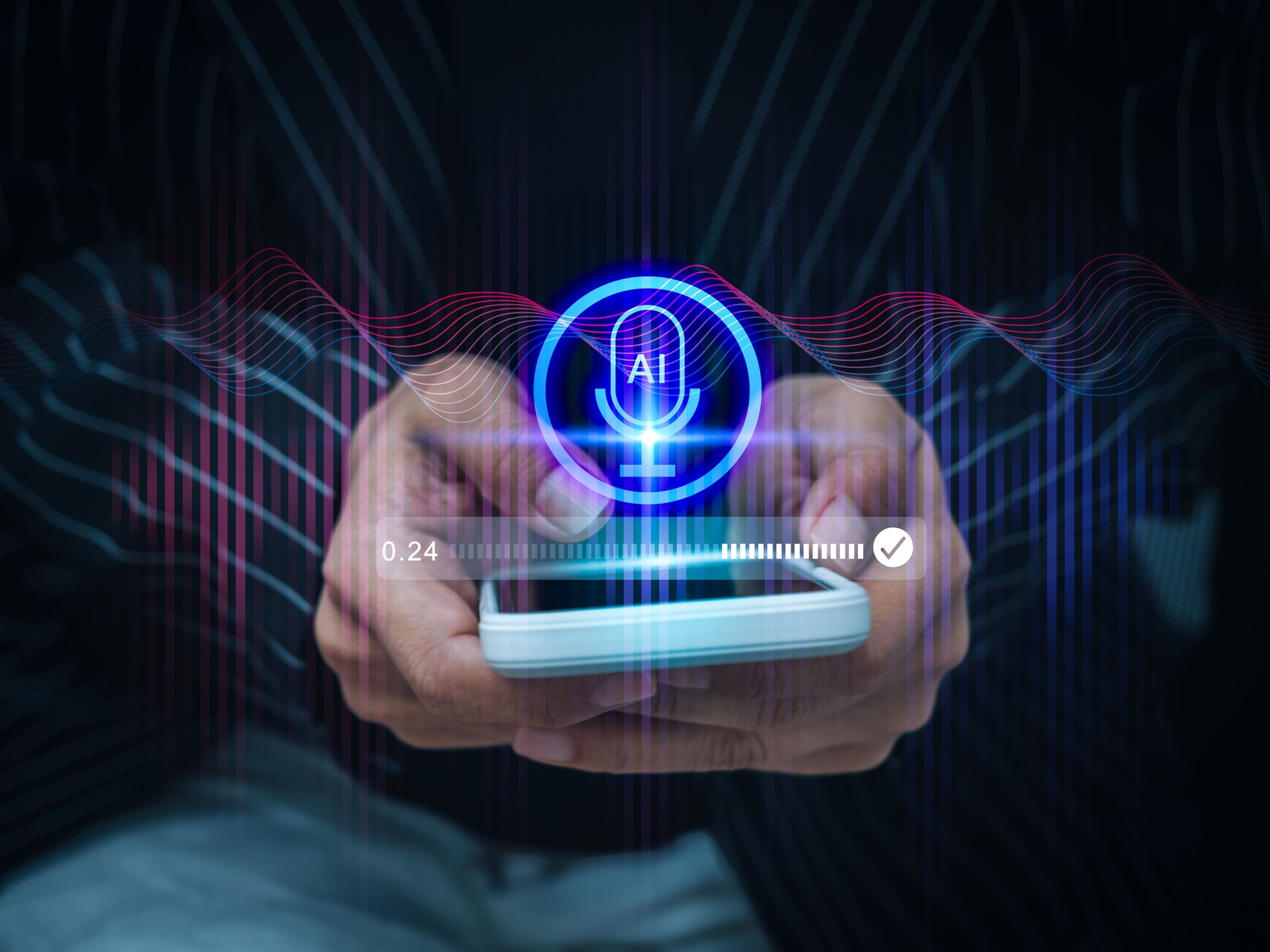 AI voice search and generator tools application technology concept. AI microphone icon with speech recording bar with digital sound wave audio graphic on smartphone while man hold smart mobile phone.